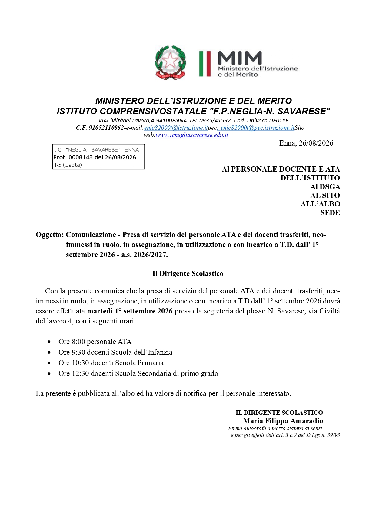 Presa di servizio ATA e docenti 1° settembre 2026 – a.s. 2026/2027